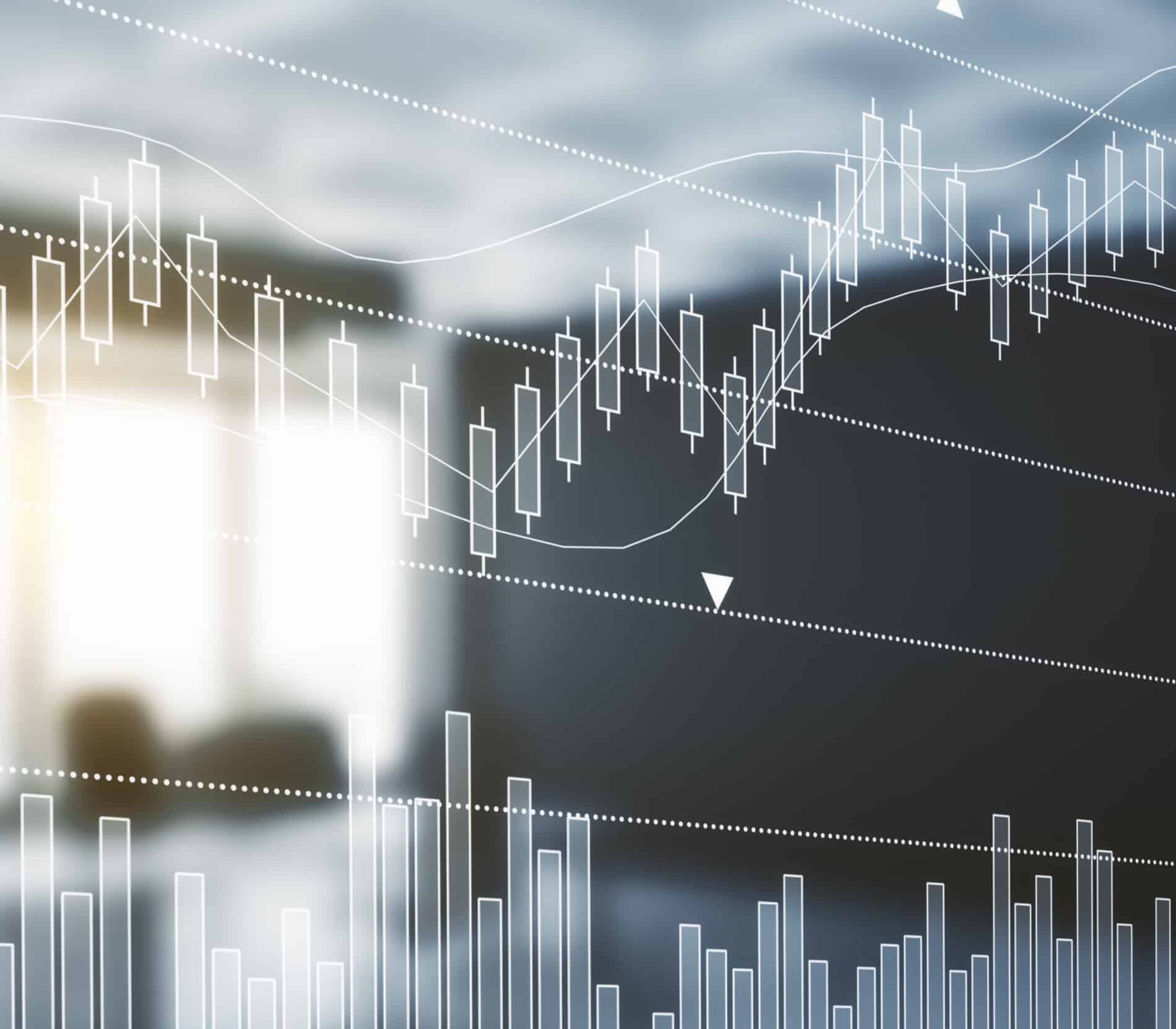 Abstract blurry office interior with forex chart.