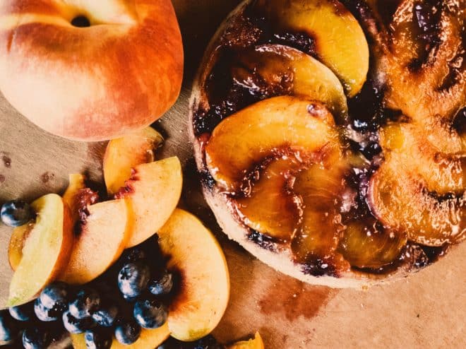 Cast-Iron-Upside-Down-Peach-Blueberry-Cake