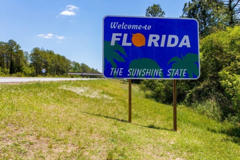 Welcome sign entering the state of Florida southbound from Georgia along Interstate 95