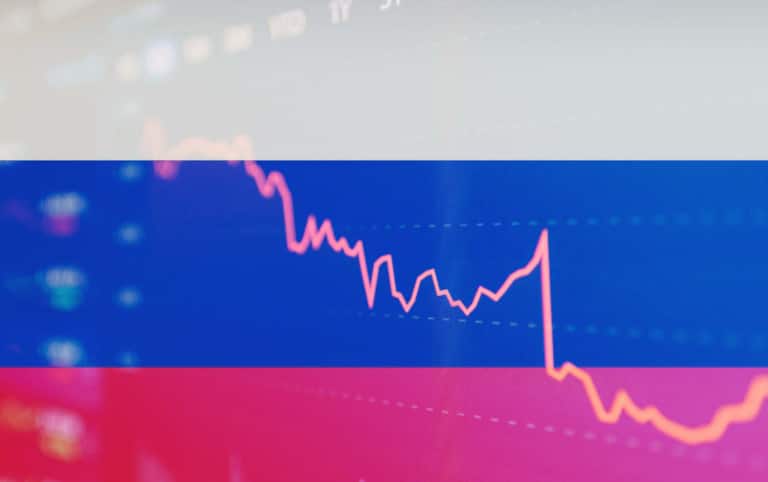Crisis finance curve russia flag background Investment, marketing crisis concept.Blurred background.