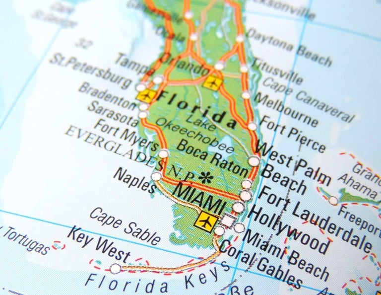 Map of Florida with focus on Miami