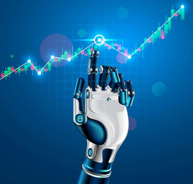 Robot or cyborg hand taps finger on chart of trading data of forex stock exchange