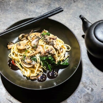 Miso Mushroom Cream Sauce with Gochujang & Ramen Noodles over Spinach