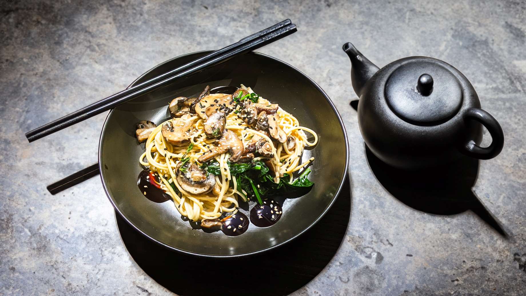 Miso Mushroom Cream Sauce with Gochujang & Ramen Noodles over Spinach