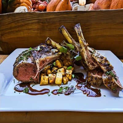Maple, Rosemary and Apple Brined Rack of Lamb with Minted Port Glaze and Herb Roasted Celeriac
