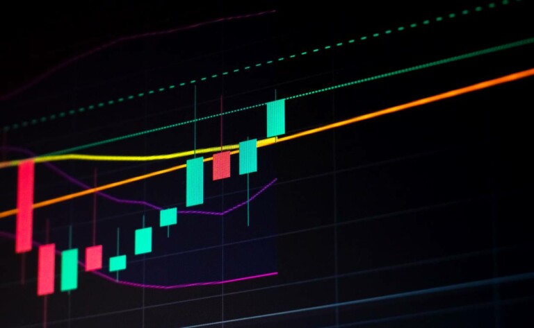 Stock market candlestick chart rising, stock exchange candles going up