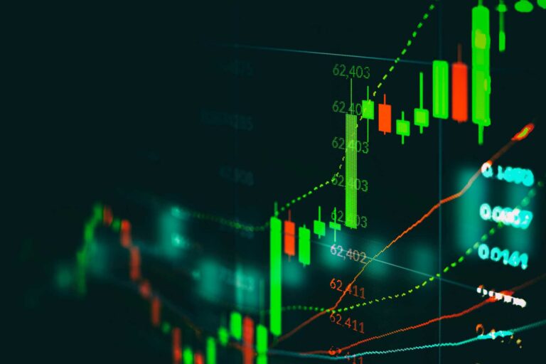 Closeup financial chart with uptrend line candlestick graph in stock market on monitor background