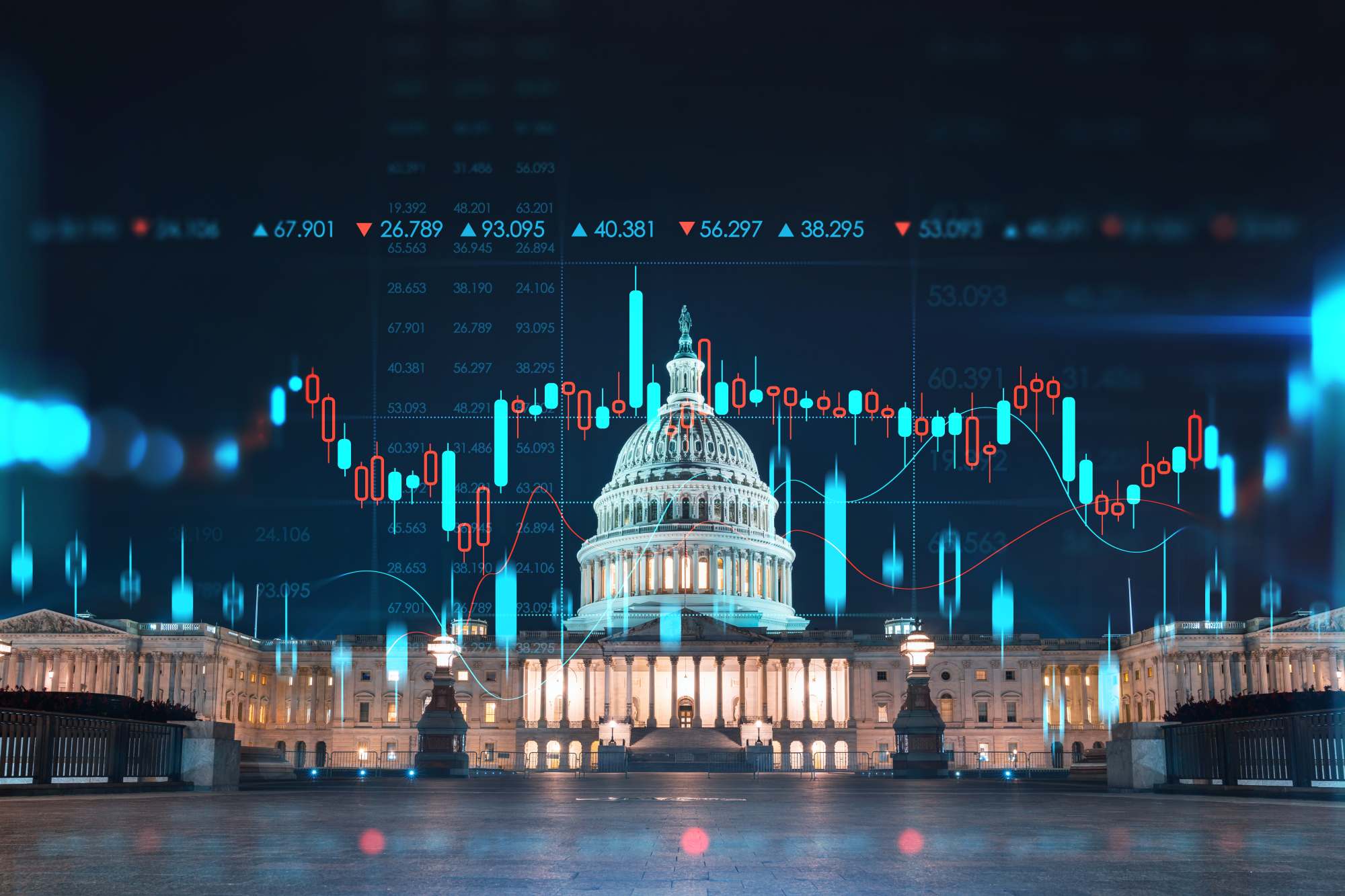 Front view, Capitol dome building at night, Washington DC, USA. Illuminated Home of Congress and Capitol Hill. Forex graph hologram.