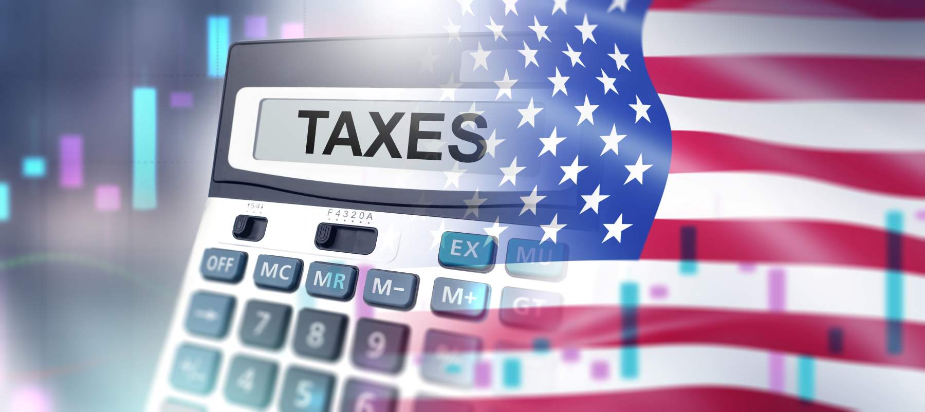 Taxes accounting in USA. Calculator for accountant. Flag of United States